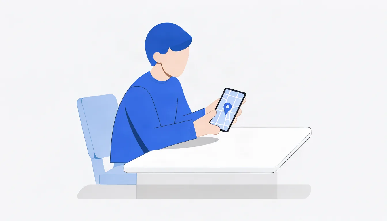 Quem precisa de um serviço em Jundiaí começa a busca pelo celular. Ilustração de pessoa em um café de Jundiaí pesquisando um profissional no celular, com o mapa da cidade na tela