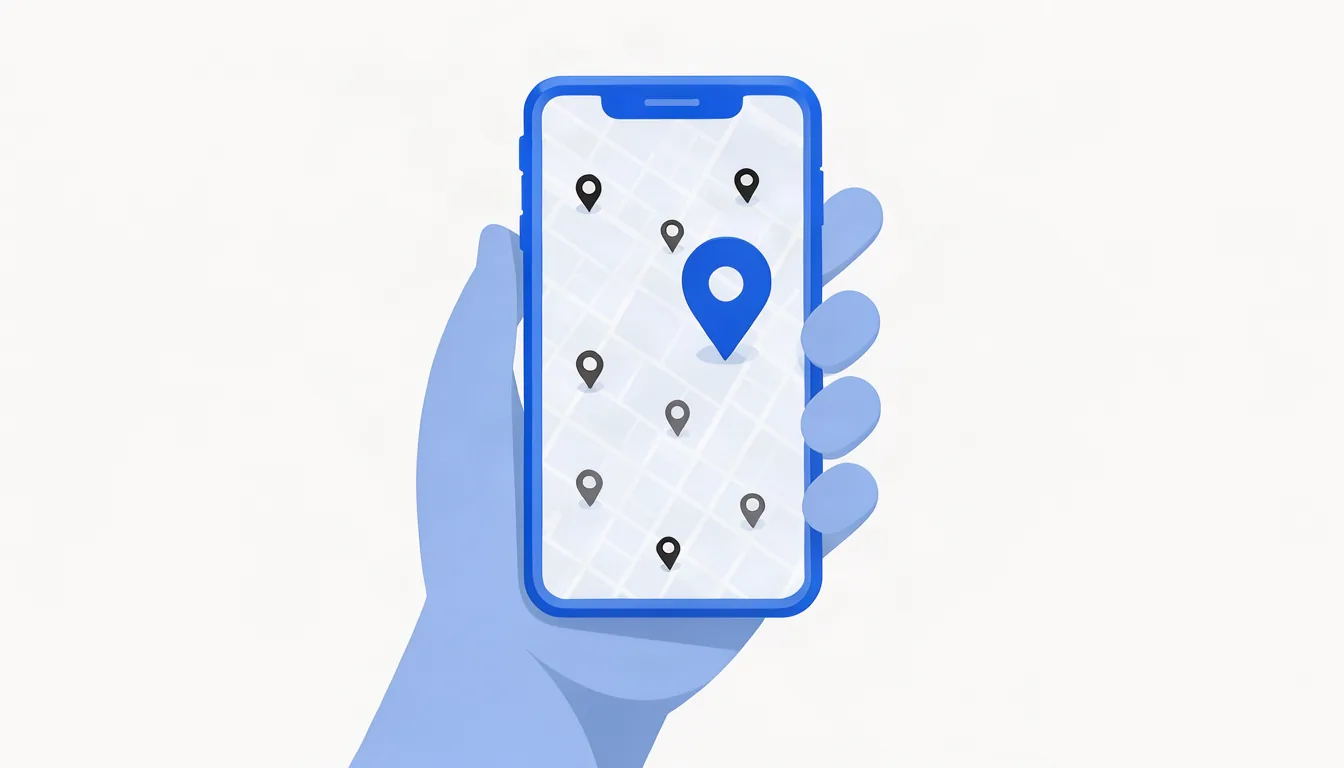 Ilustração de mapa de cidade no celular com vários pinos de empresas e um pino azul em destaque