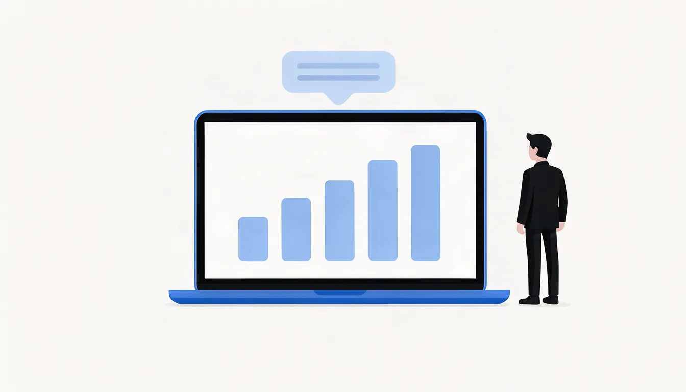 Medir os contatos que o site gera mostra o que realmente funciona. Ilustração de empresário analisando no notebook um gráfico de contatos pelo WhatsApp subindo mês a mês