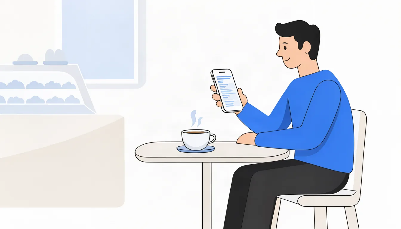 Conteúdo útil com contexto local aproxima o negócio de quem mora na cidade. Ilustração de empresário lendo artigo em seu site no celular enquanto toma café em padaria local