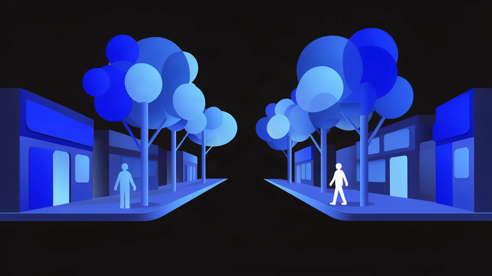 Marketing digital em Valinhos: como ser encontrado por clientes da cidade Ilustração de rua arborizada de uma cidade do interior paulista ao fim da tarde, com comércio local e luz azul suave