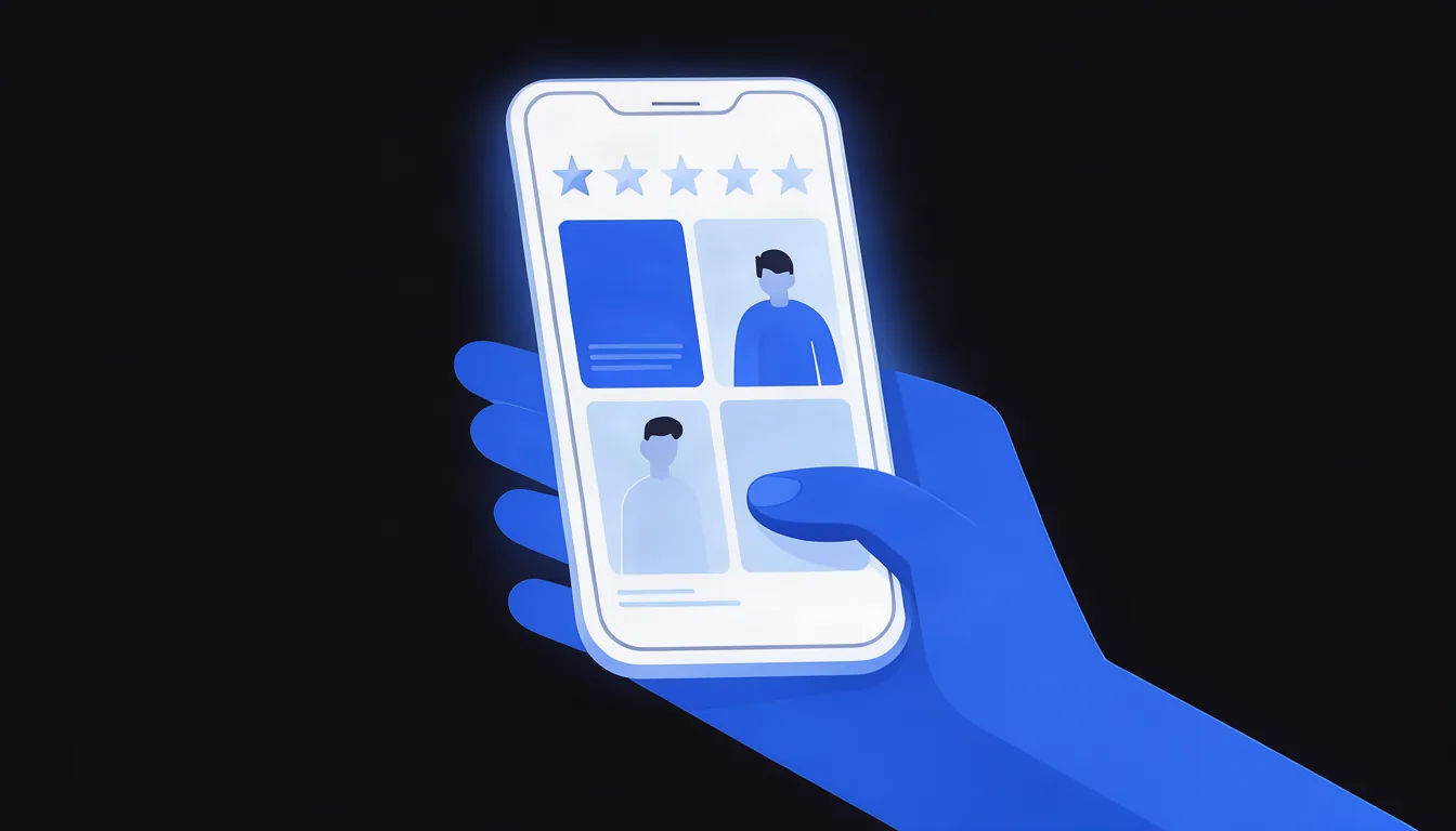 Fotos reais e avaliações respondidas fazem o perfil se destacar no mapa. Ilustração de mão segurando celular com perfil de empresa local mostrando estrelas de avaliação e fotos