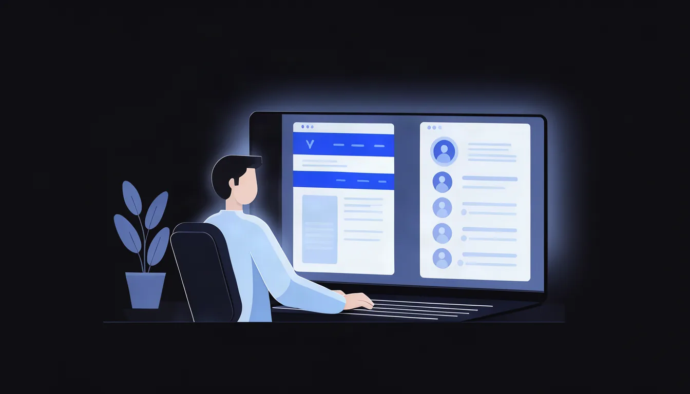 Site e redes sociais têm papéis diferentes: um é encontrado, o outro relaciona. Ilustração de pessoa comparando no notebook o site de uma empresa e seu perfil em rede social lado a lado