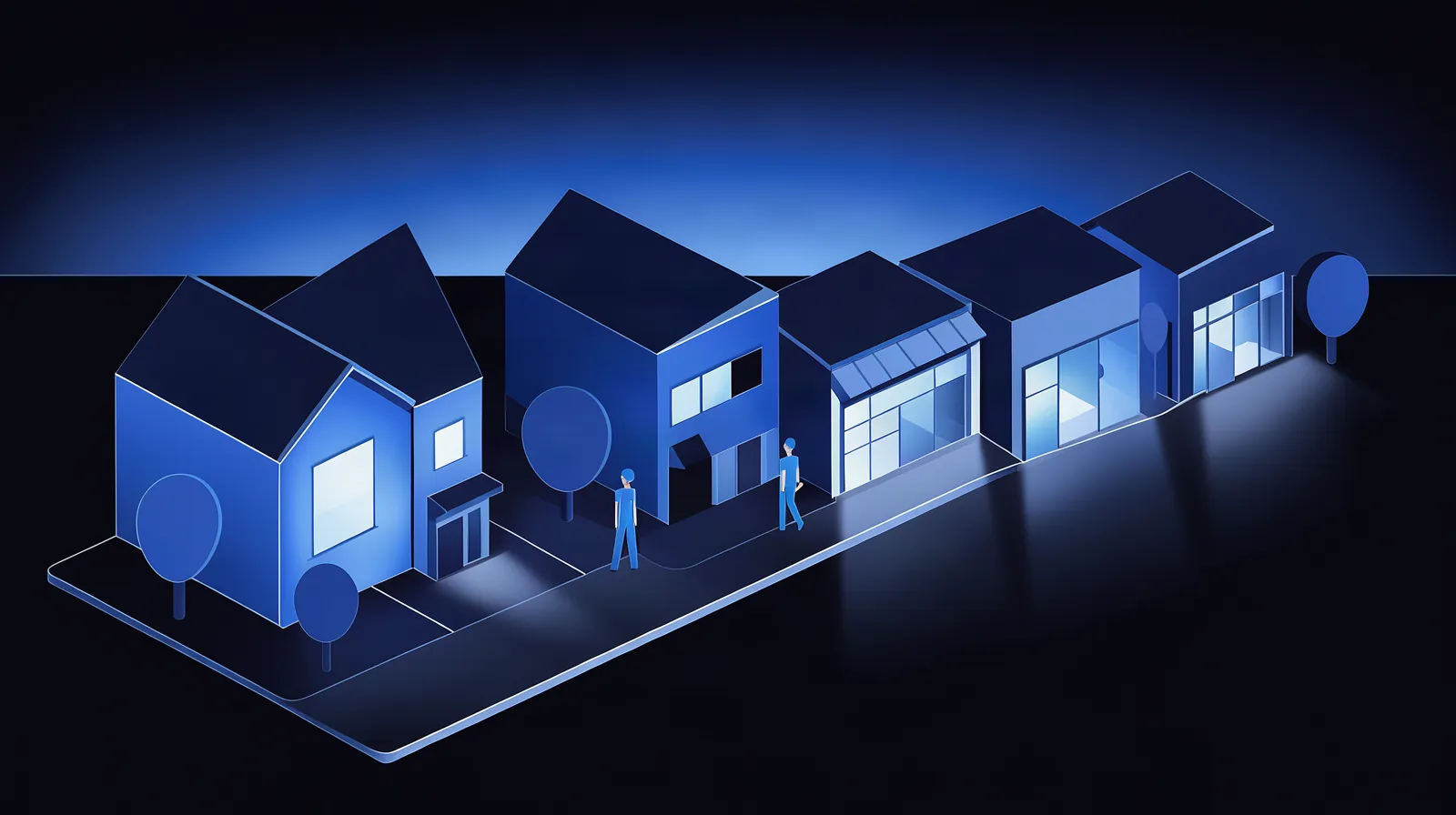 Marketing digital em Várzea Paulista: por onde começar Ilustração de bairro residencial de cidade do interior paulista ao anoitecer, com casas e comércio de rua iluminados e brilho azul no céu