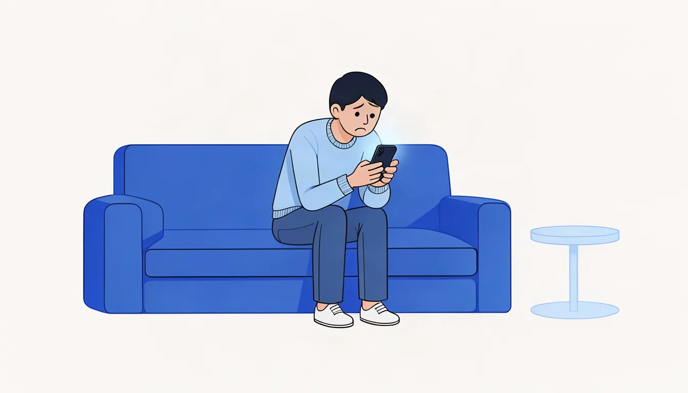 Antes de procurar um advogado, o cliente pesquisa para entender o próprio problema. Ilustração de pessoa preocupada pesquisando dúvidas jurídicas no celular à noite, sentada no sofá