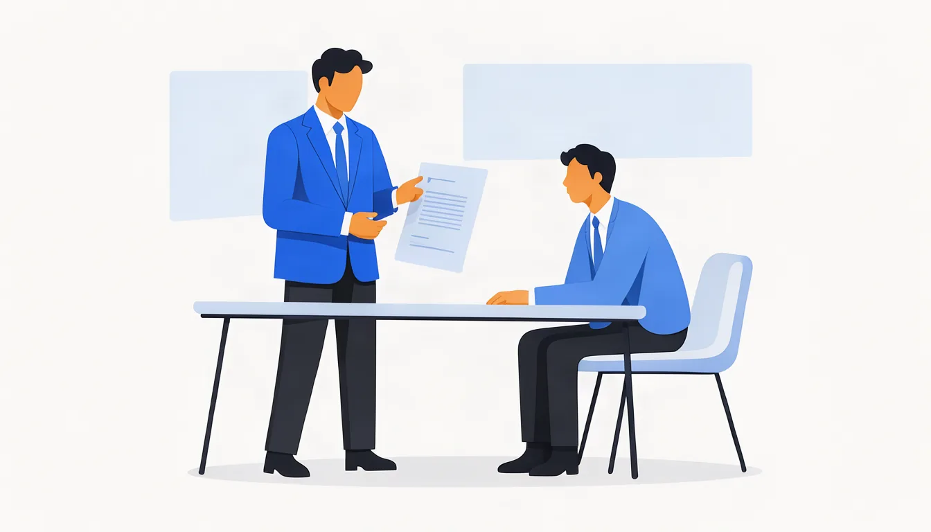 Mostrar quem são os advogados e como funciona o atendimento gera confiança. Ilustração de advogado em reunião com cliente explicando um documento em sala de escritório moderna