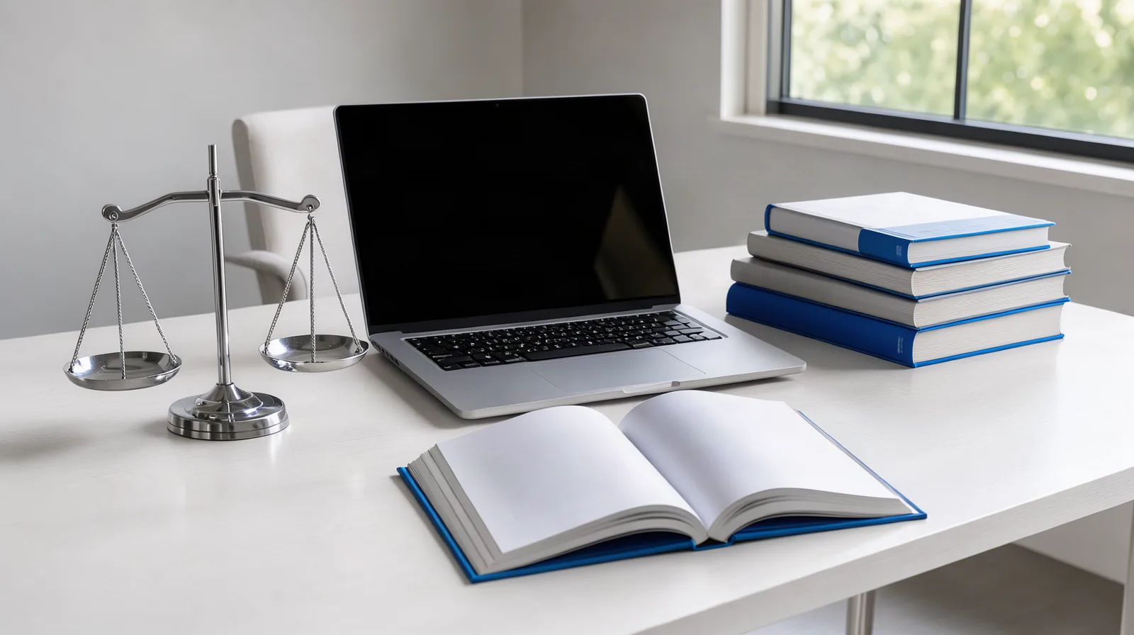 Foto de mesa clara de escritório de advocacia com livros jurídicos, balança da justiça e notebook aberto, iluminada por luz natural