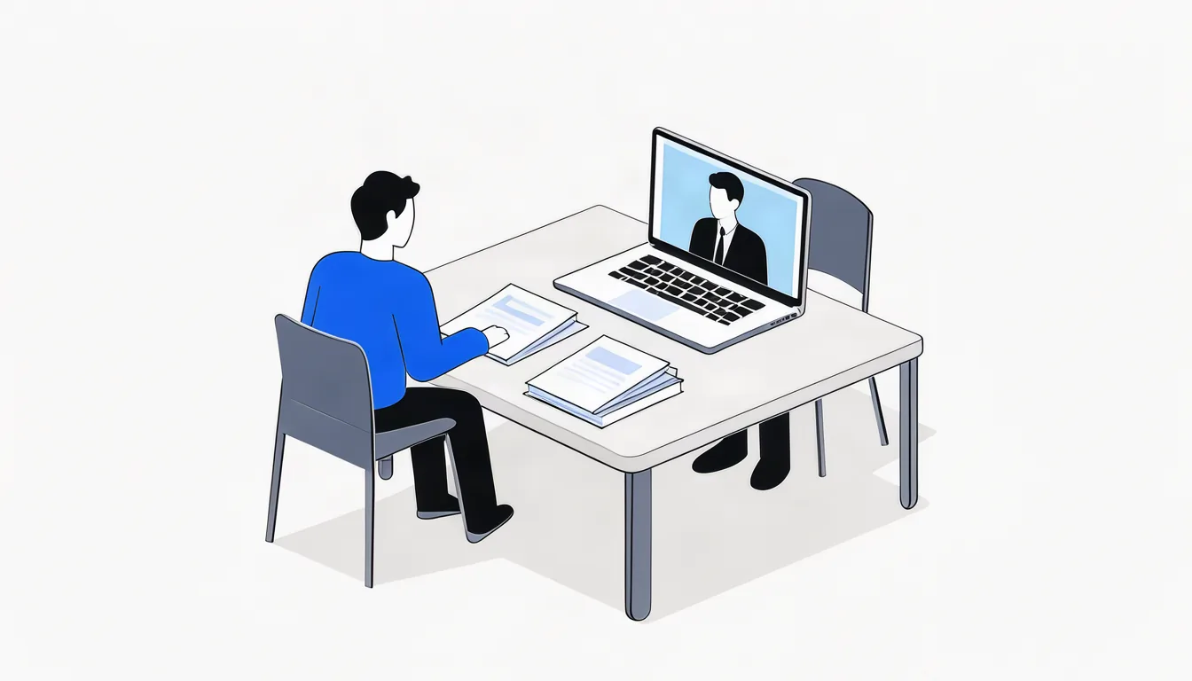 Ilustração de cliente em reunião online com advogada, com documentos e notebook sobre a mesa
