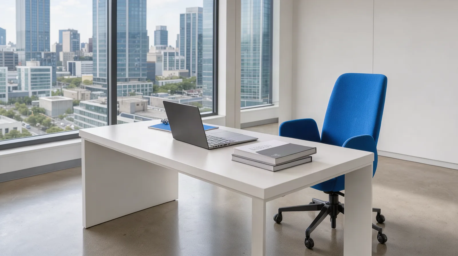 Marketing para advogados em Campinas: como ser encontrado no Google Foto de escritório de advocacia em andar alto durante o dia, com mesa clara, livros e notebook, e janela ampla com vista da cidade