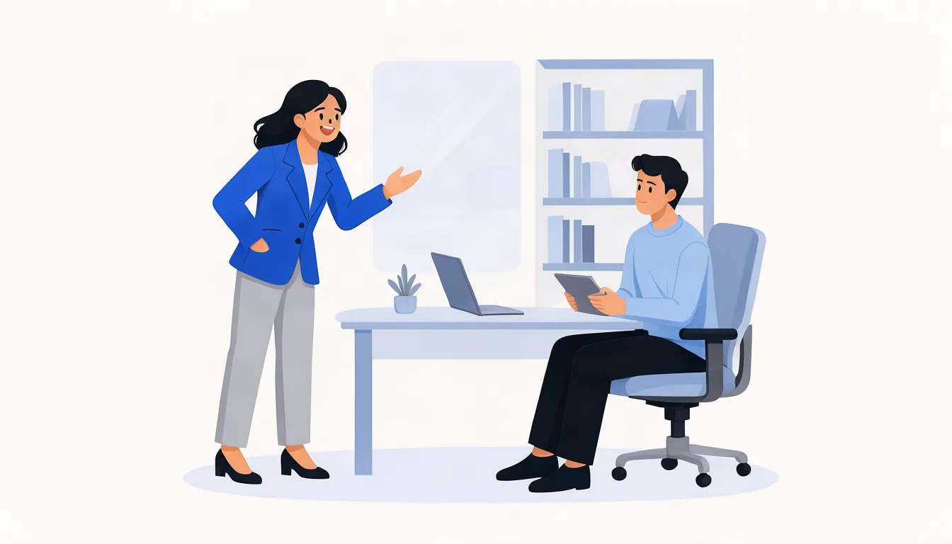 Ilustração de empresária de Valinhos conversando com contador em escritório pequeno e acolhedor