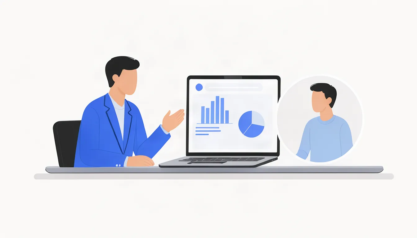Atendimento direto e humano é um diferencial que vale mostrar. Ilustração de contador explicando relatório a cliente pelo WhatsApp em videochamada no notebook