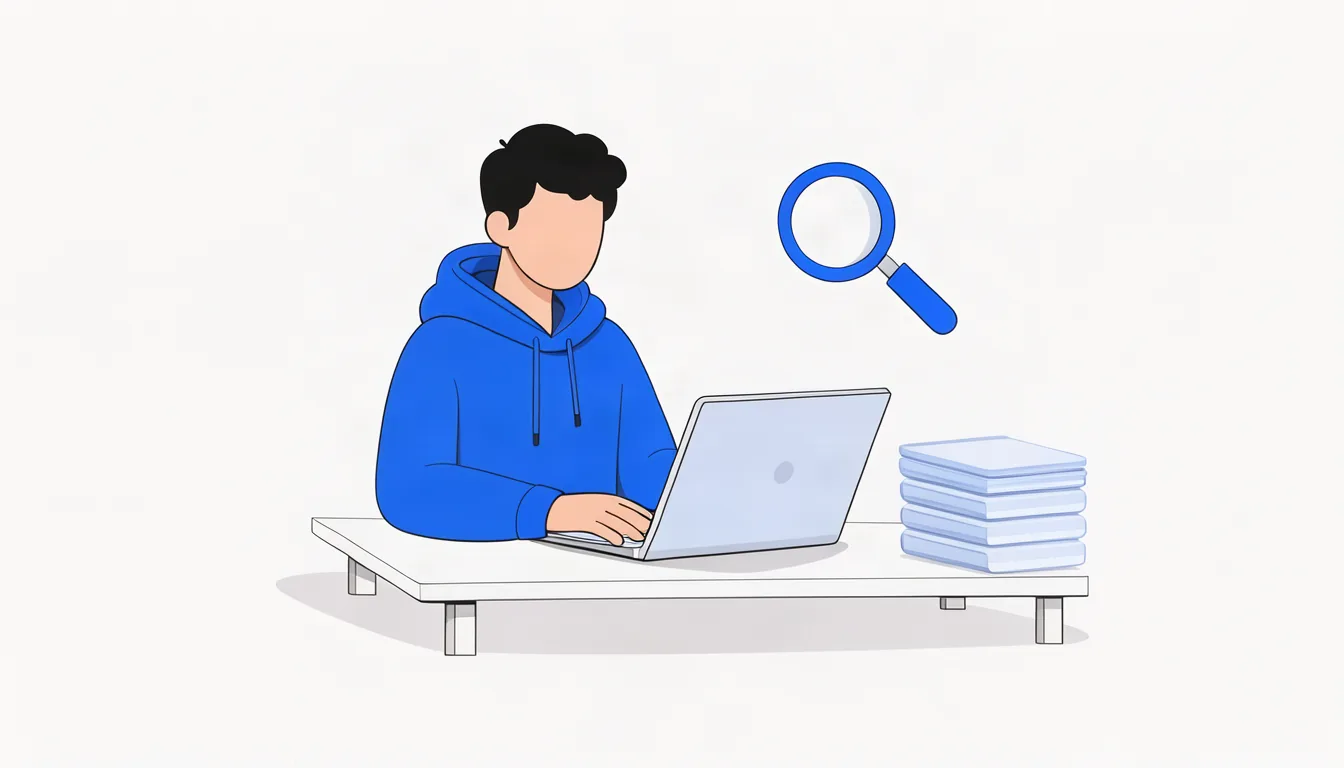 Ilustração de jovem empreendedor pesquisando no notebook como abrir empresa, com documentos ao lado