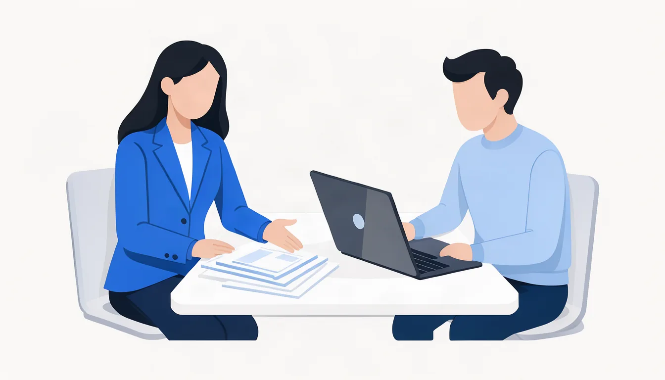 Explicar com clareza, no site e no atendimento, é o que diferencia o escritório. Ilustração de contadora explicando documentos a um cliente em reunião, com notebook aberto sobre a mesa