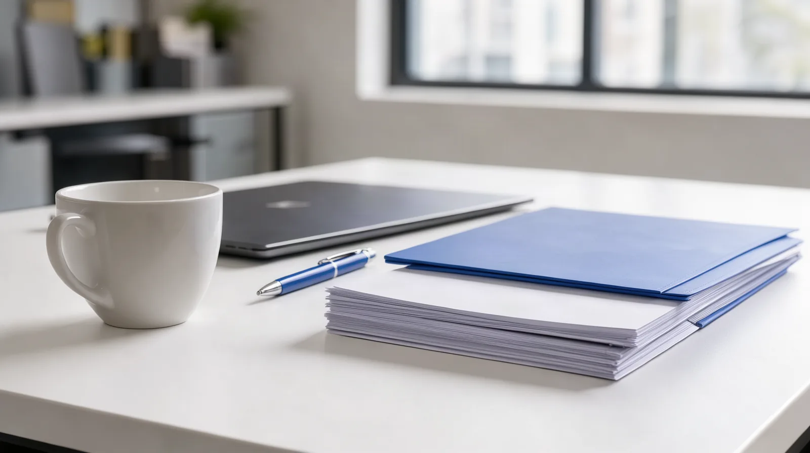 Foto de mesa branca em escritório de contabilidade com pasta azul sobre papéis organizados, caneta, xícara e notebook fechado