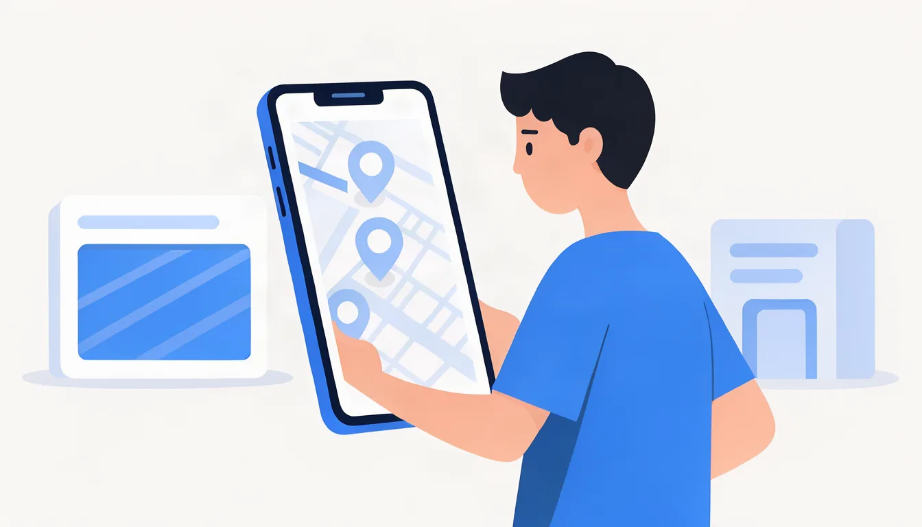 Ilustração de paciente em Campinas comparando clínicas odontológicas no mapa do celular