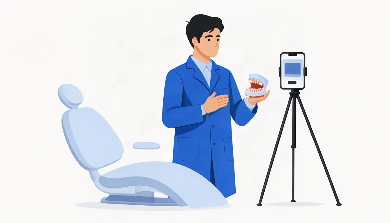 Explicar tratamentos de forma simples gera confiança antes da primeira consulta. Ilustração de dentista gravando explicação sobre tratamento para o site da clínica com celular em tripé