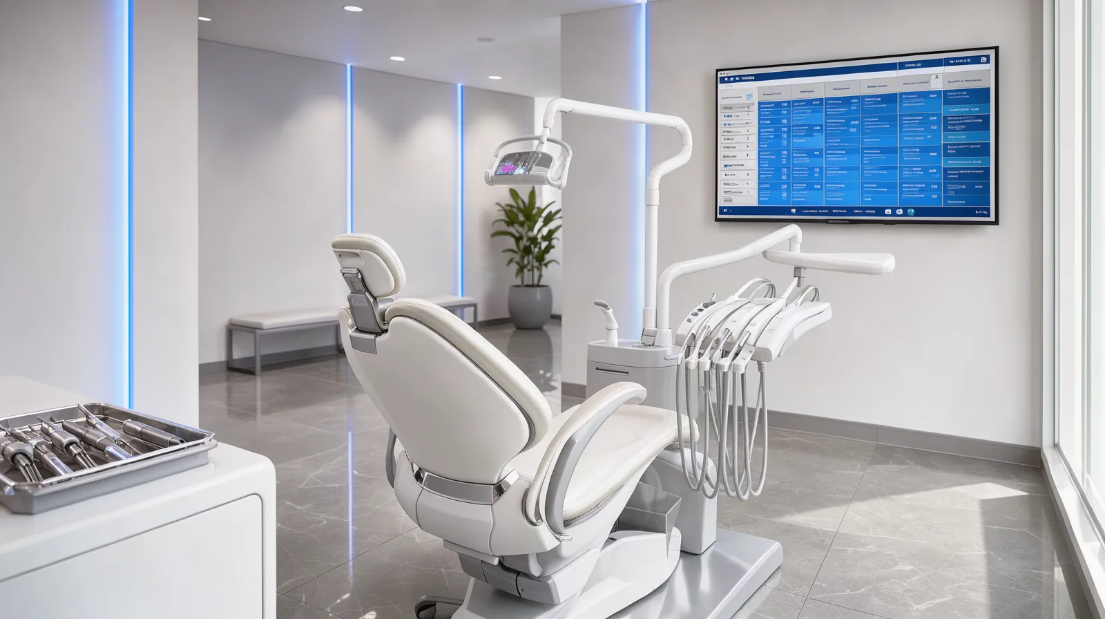 Marketing para dentistas em Campinas: clínicas no topo do Google Foto de clínica odontológica moderna e clara, com cadeira, equipamentos e monitor exibindo agenda online em azul