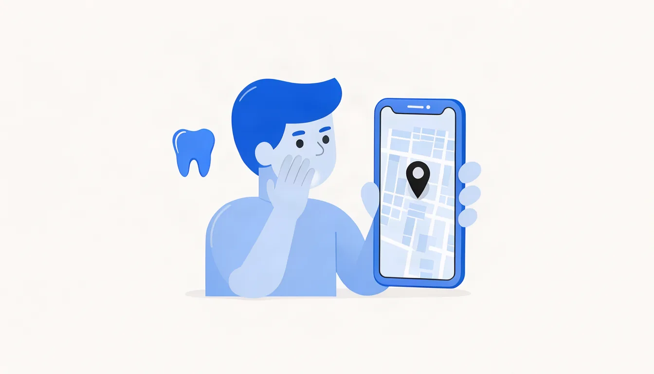 Na urgência, o paciente escolhe quem aparece primeiro no mapa com boas avaliações. Ilustração de paciente com dor de dente pesquisando dentista no celular, com o mapa aberto na tela