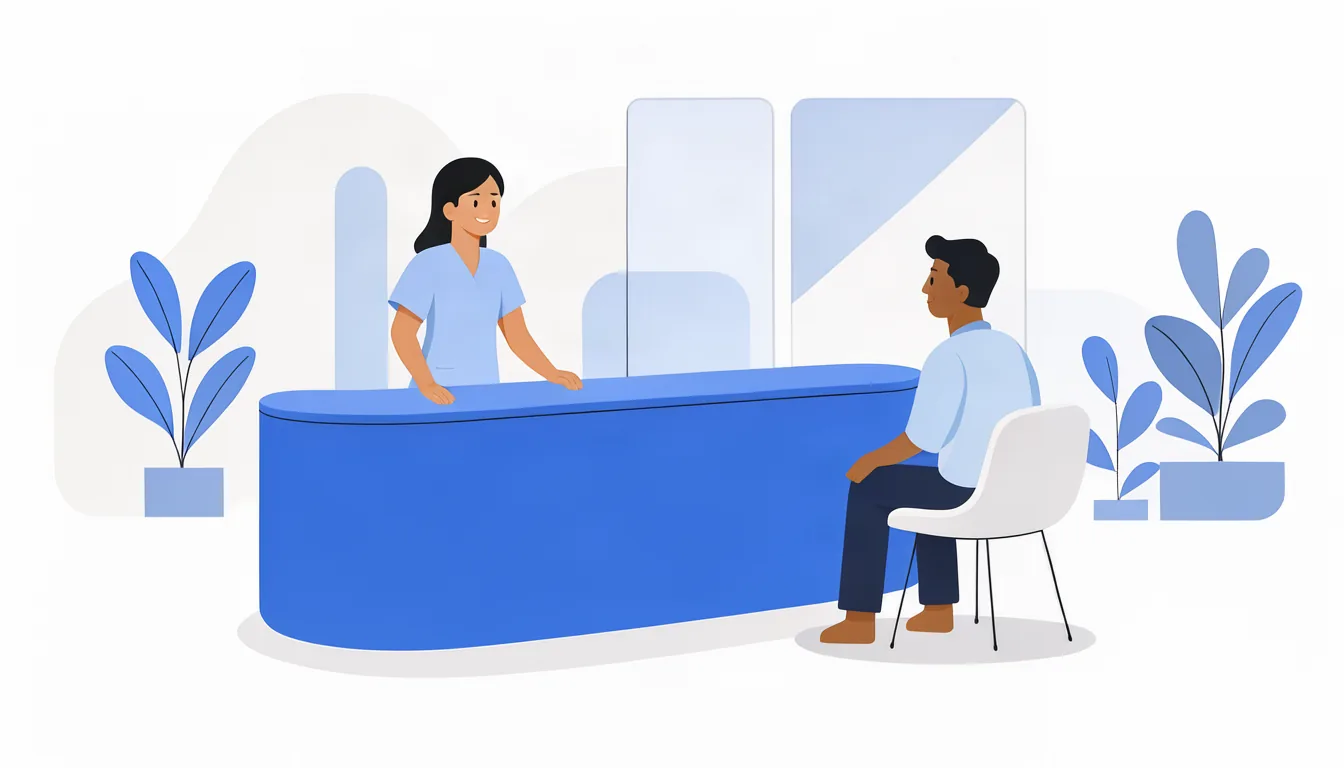 Fotos reais da recepção e da equipe deixam o paciente mais seguro antes da primeira consulta. Ilustração de recepção de clínica odontológica acolhedora com recepcionista atendendo paciente