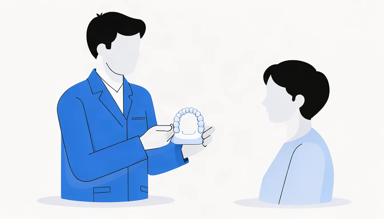 Conteúdo que explica os tratamentos de forma simples gera confiança antes da consulta. Ilustração de dentista explicando tratamento a paciente com modelo de arcada dentária nas mãos