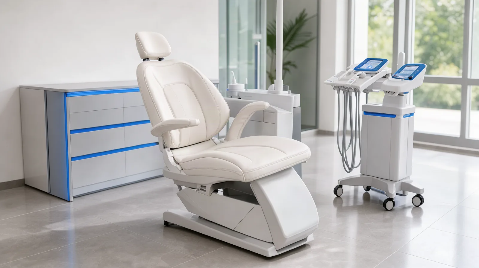 Foto de consultório odontológico claro e limpo, com cadeira branca, luz natural e detalhes em azul