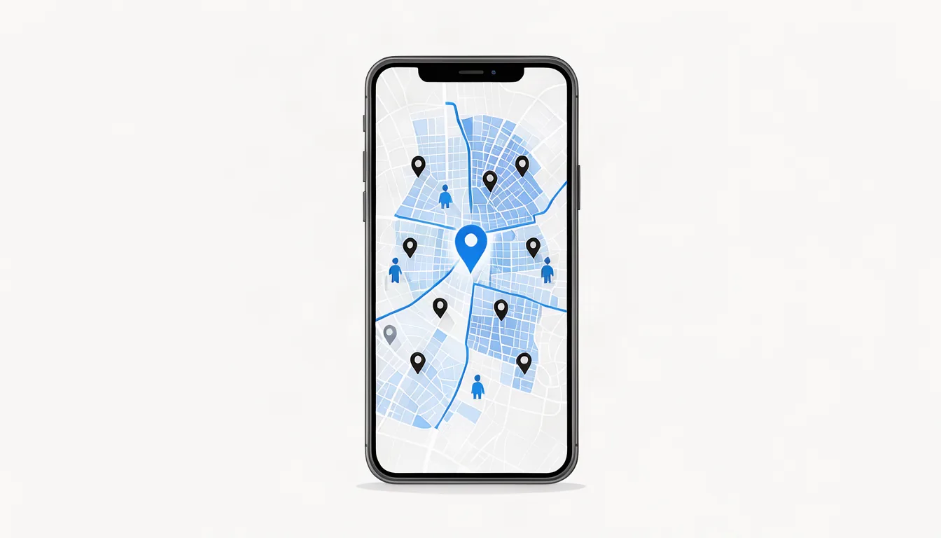 Ilustração de celular mostrando mapa com pinos de empresas em diferentes bairros de uma grande cidade