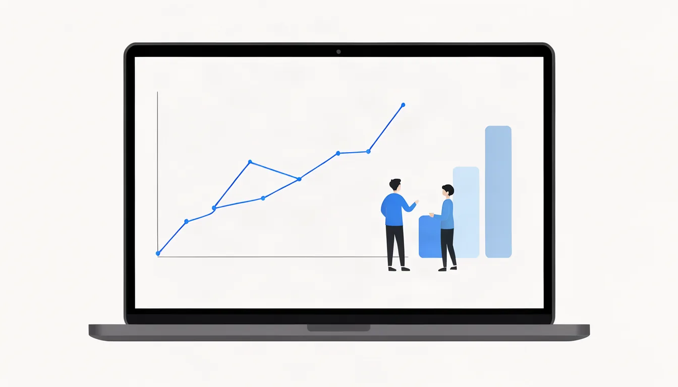 Ilustração de tela de notebook com painel de métricas de SEO mostrando posições subindo