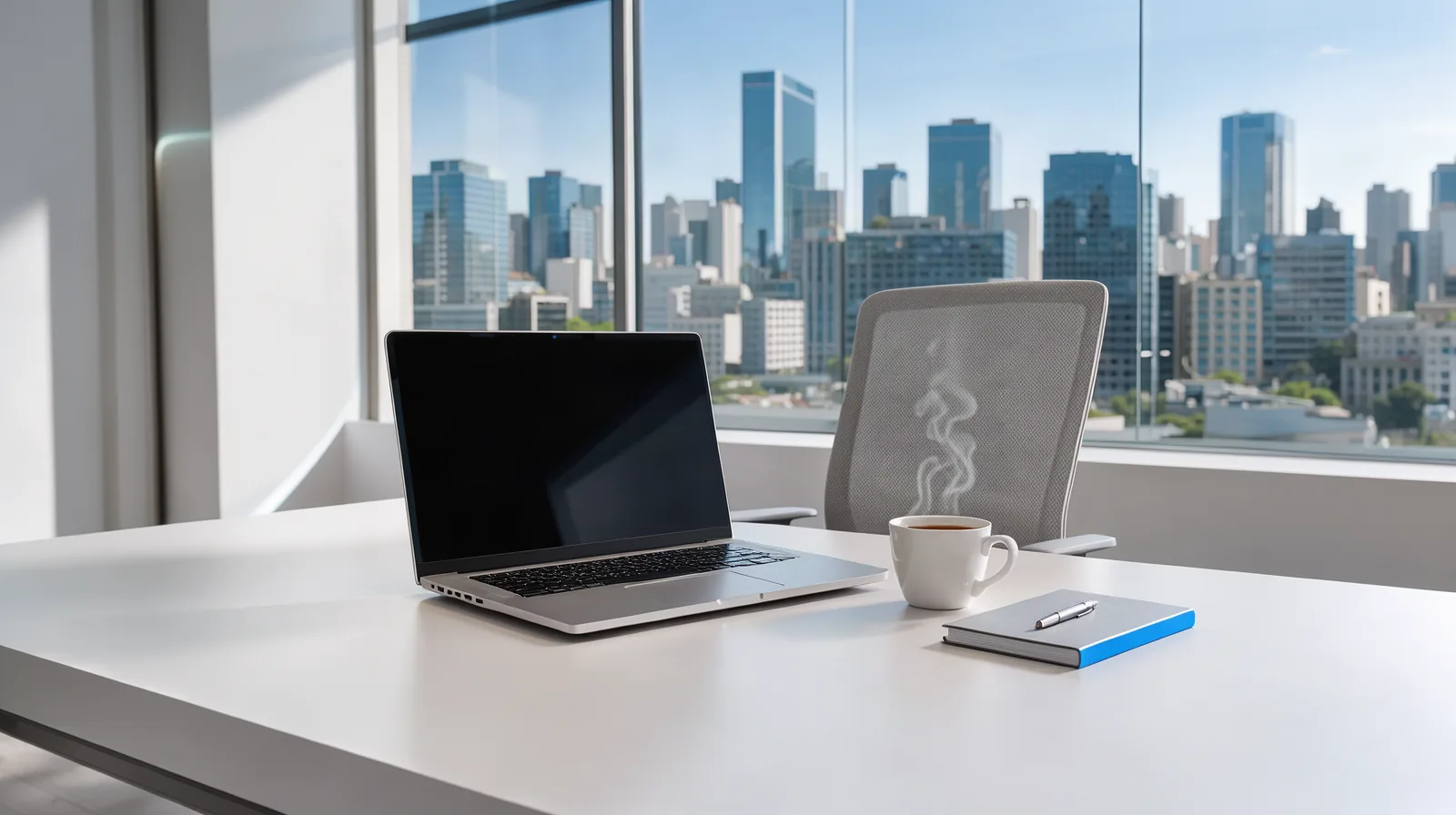 Mesa de escritório claro com notebook aberto e vista para os prédios de uma cidade grande pela janela