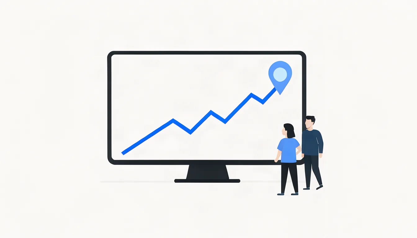 Ilustração de gráfico de linha subindo em monitor, com destaque para buscas locais ao longo dos meses