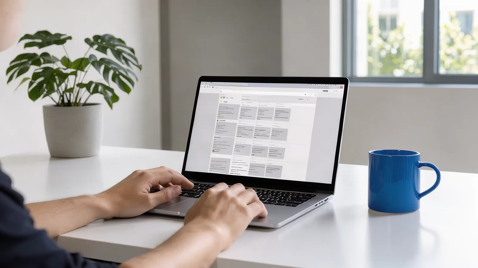 Foto de pessoa digitando no notebook em mesa clara, com página de resultados de busca na tela e caneca azul ao lado