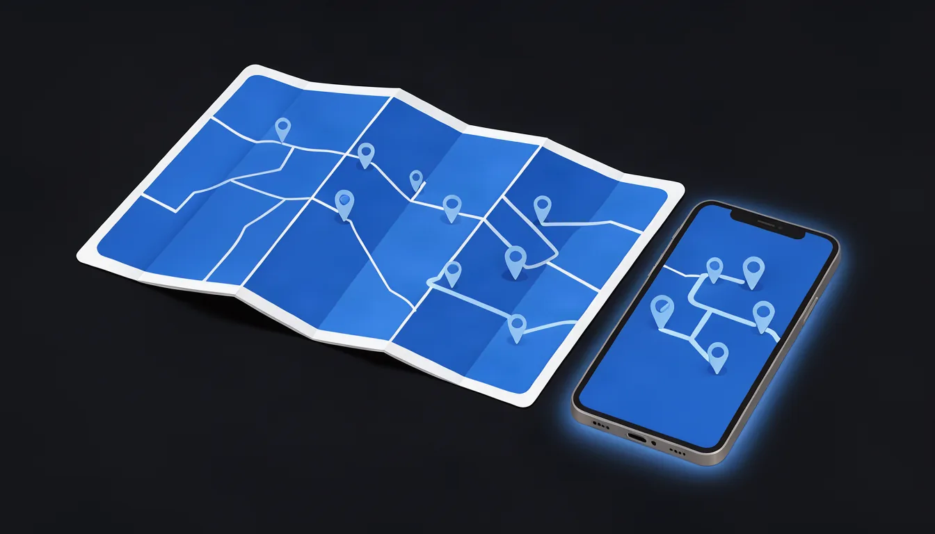 Ilustração de mapa de papel sobre mesa com várias cidades marcadas e um celular mostrando rotas entre elas