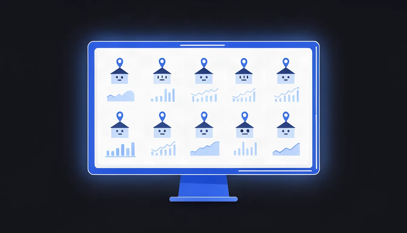 Separar os dados por cidade mostra onde investir mais. Ilustração de painel de análise no monitor mostrando gráficos de buscas separados por cidade