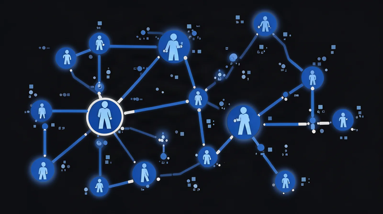SEO local na região de Jundiaí: como atender várias cidades no Google Ilustração de mapa estilizado de uma região com várias cidades conectadas por linhas de luz azul sobre fundo escuro