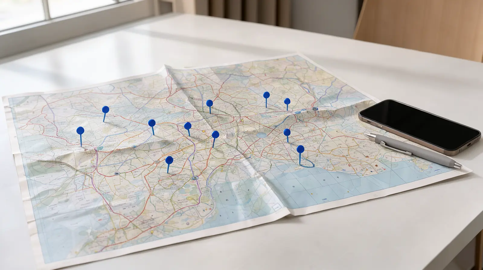 SEO local na região de Jundiaí: como atender várias cidades no Google Foto de mapa de papel aberto sobre mesa branca com alfinetes azuis marcando várias cidades e um celular ao lado