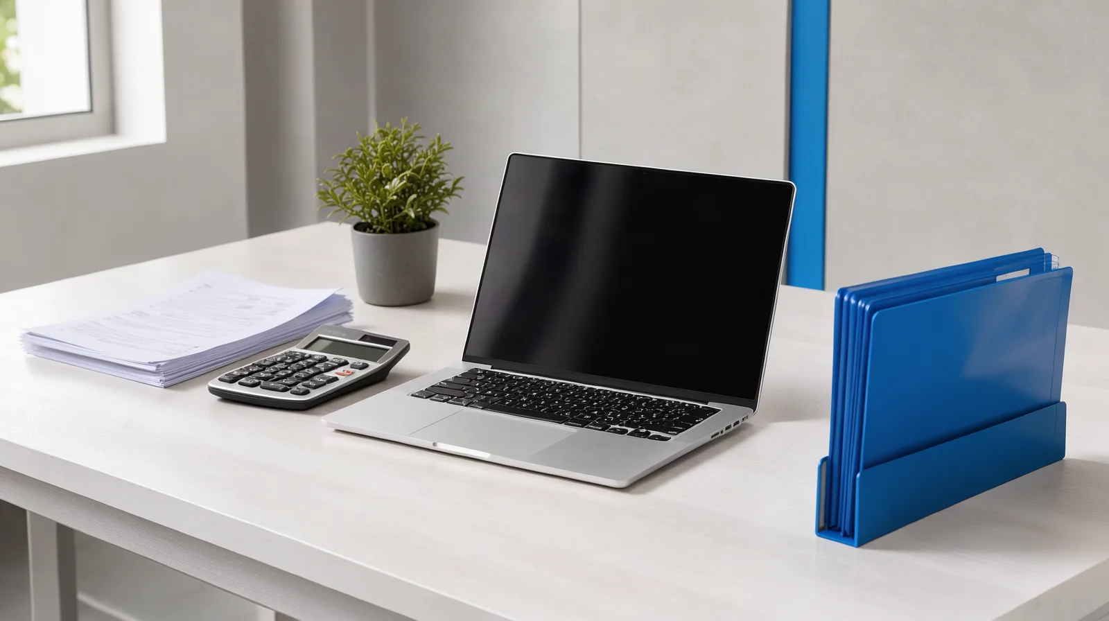 SEO para escritório de contabilidade: guia para aparecer no Google Mesa clara de escritório de contabilidade com notebook, calculadora, documentos organizados e pasta azul