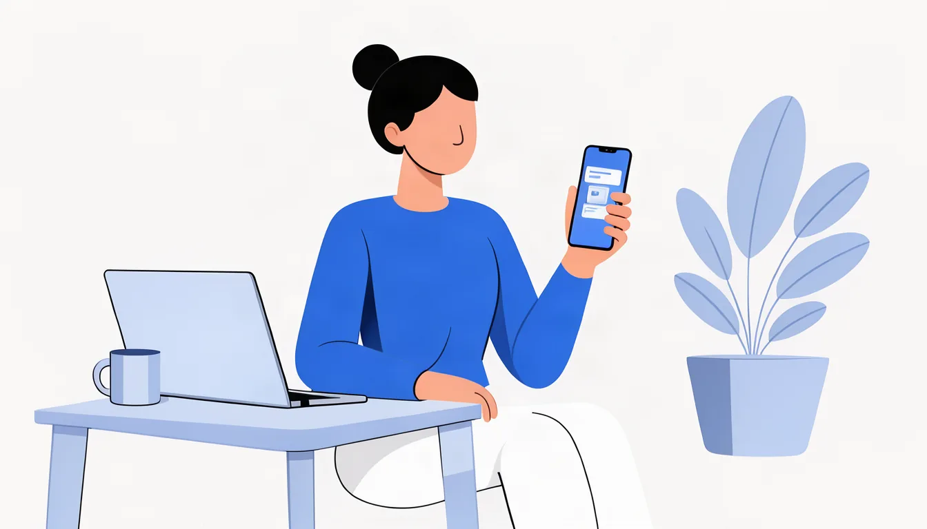 Ilustração de prestadora de serviço publicando foto do trabalho no Instagram pelo celular