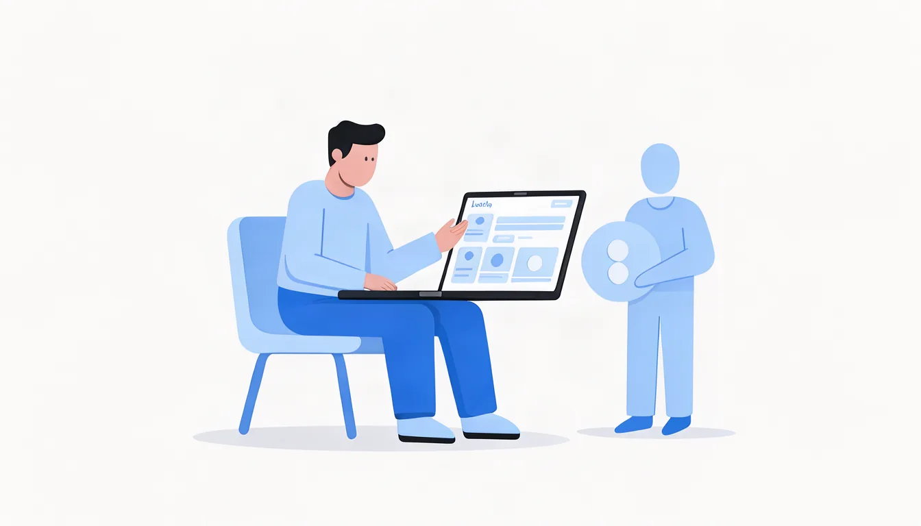 Quem pesquisa no Google encontra sites, e não perfis de rede social. Ilustração de pessoa pesquisando um serviço no Google e encontrando o site de uma empresa local