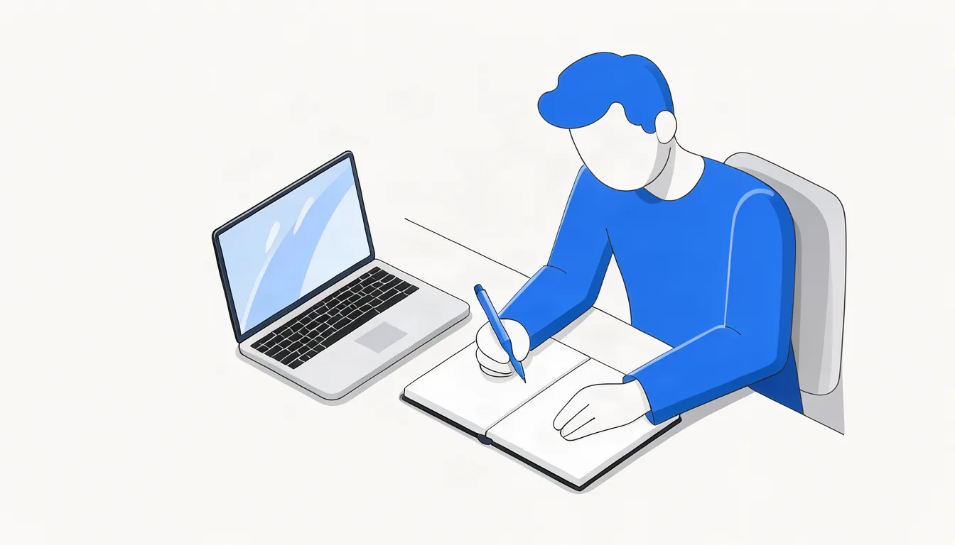 Textos simples e diretos funcionam melhor do que frases de efeito. Ilustração de pessoa escrevendo os textos do próprio site em caderno ao lado do notebook