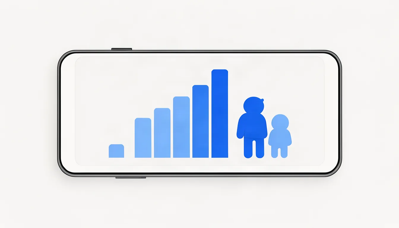 Ilustração de gráfico simples no celular mostrando visitas ao site crescendo a cada mês