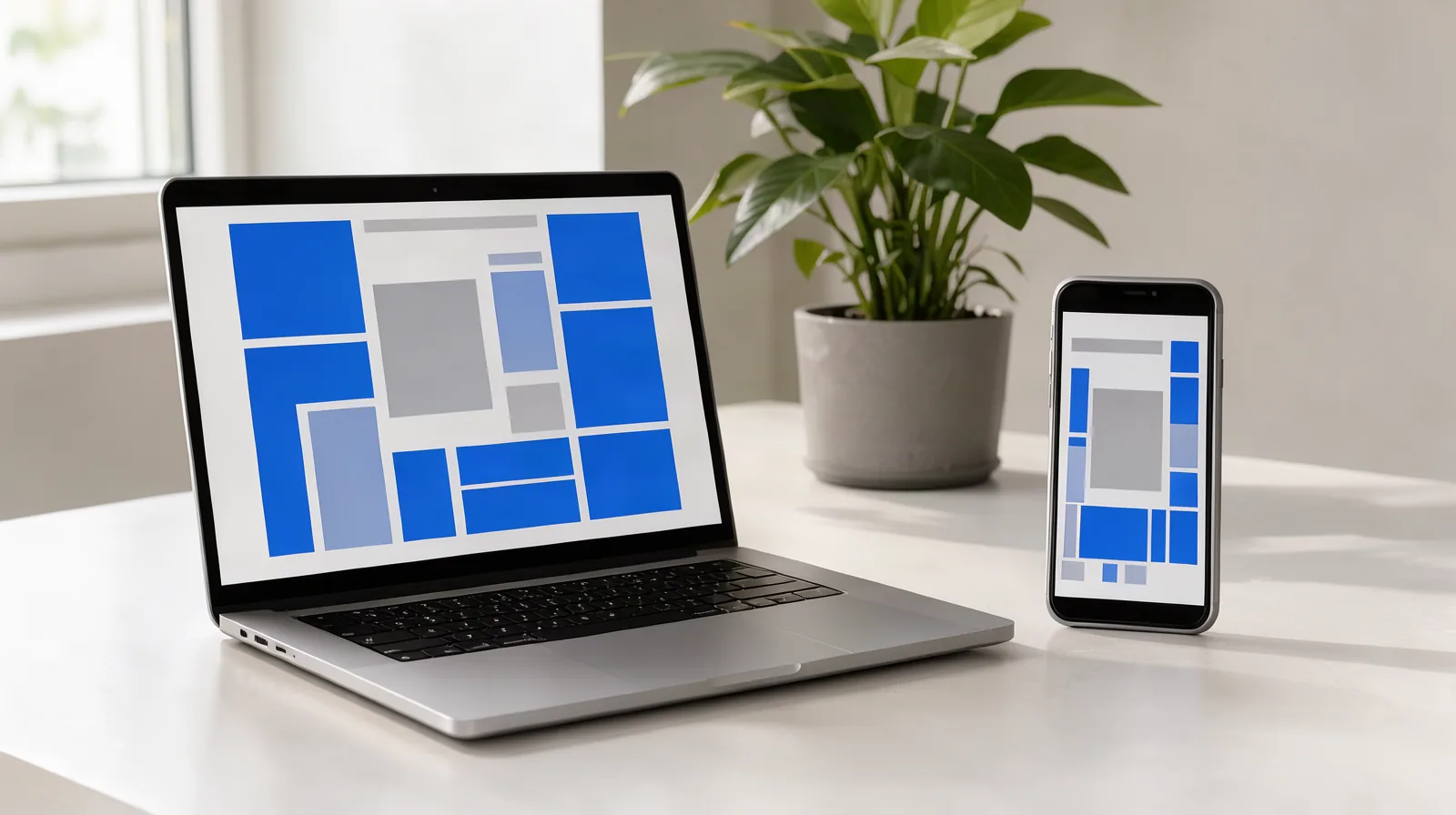 Foto de notebook e celular lado a lado em mesa clara, exibindo o mesmo layout simples de site em blocos azuis, com planta ao fundo