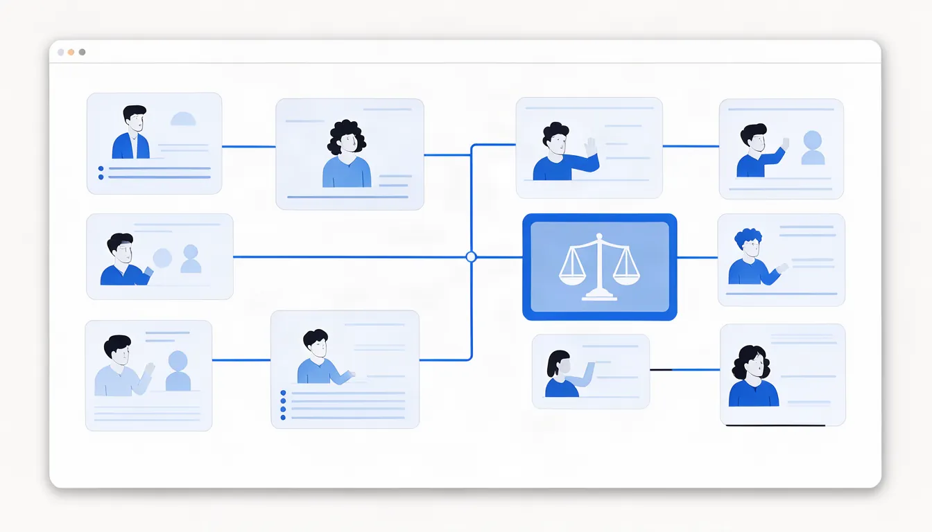 Ilustração de site de advocacia organizado em páginas por área de atuação, com uma balança azul em destaque