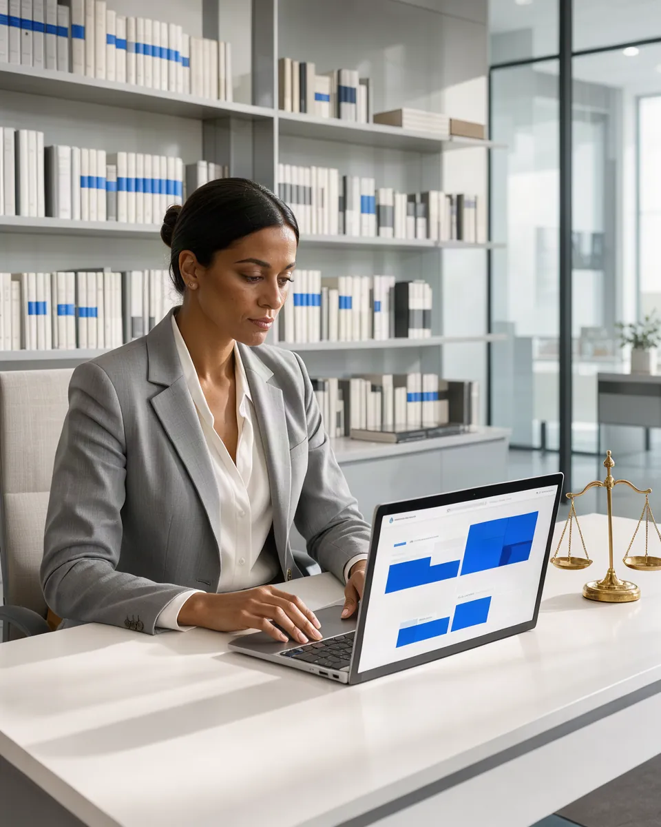 Advogada em escritório claro analisando o site do escritório em um notebook