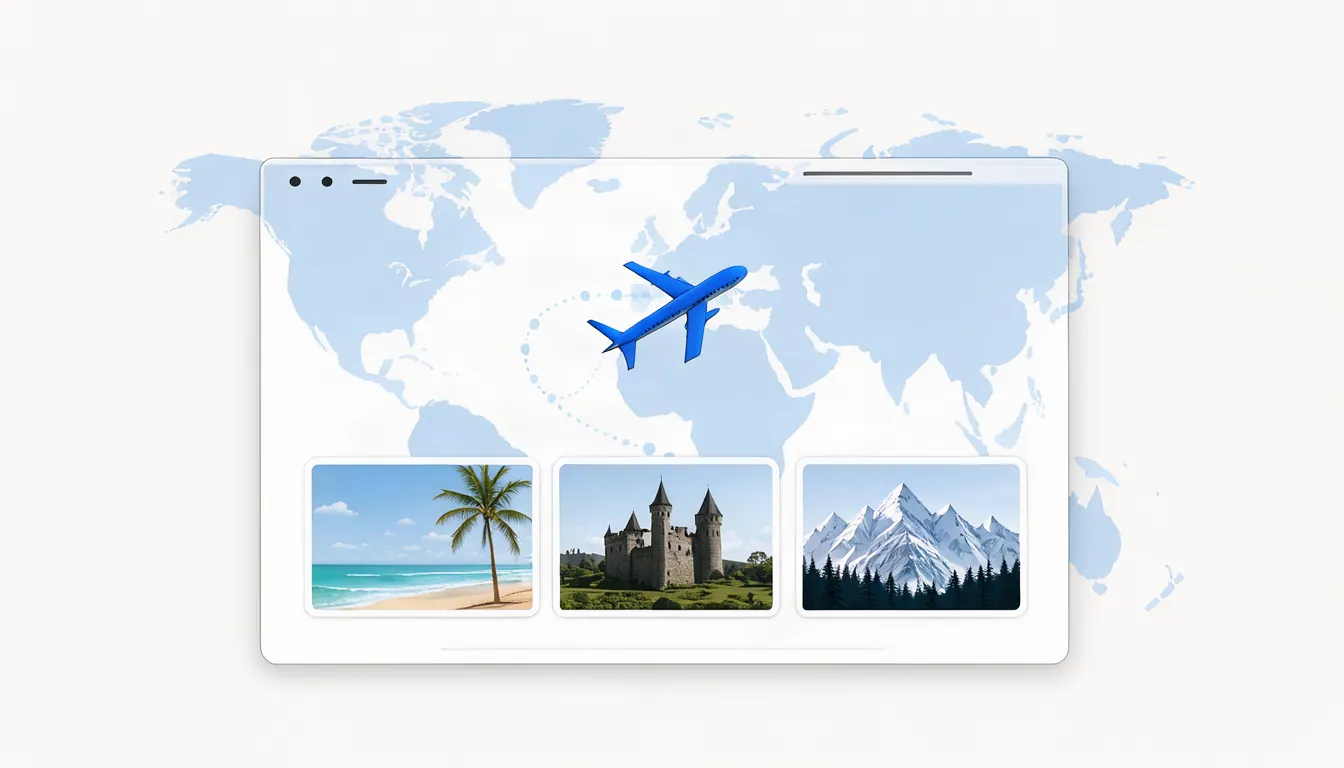 Ilustração de site de agência de turismo com páginas de destinos e um avião azul cruzando um mapa