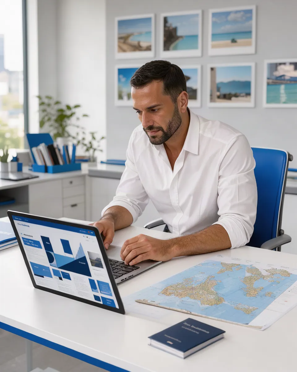 Agente de viagens em escritório claro mostrando o site da agência em um notebook, com mapa e passaporte sobre a mesa
