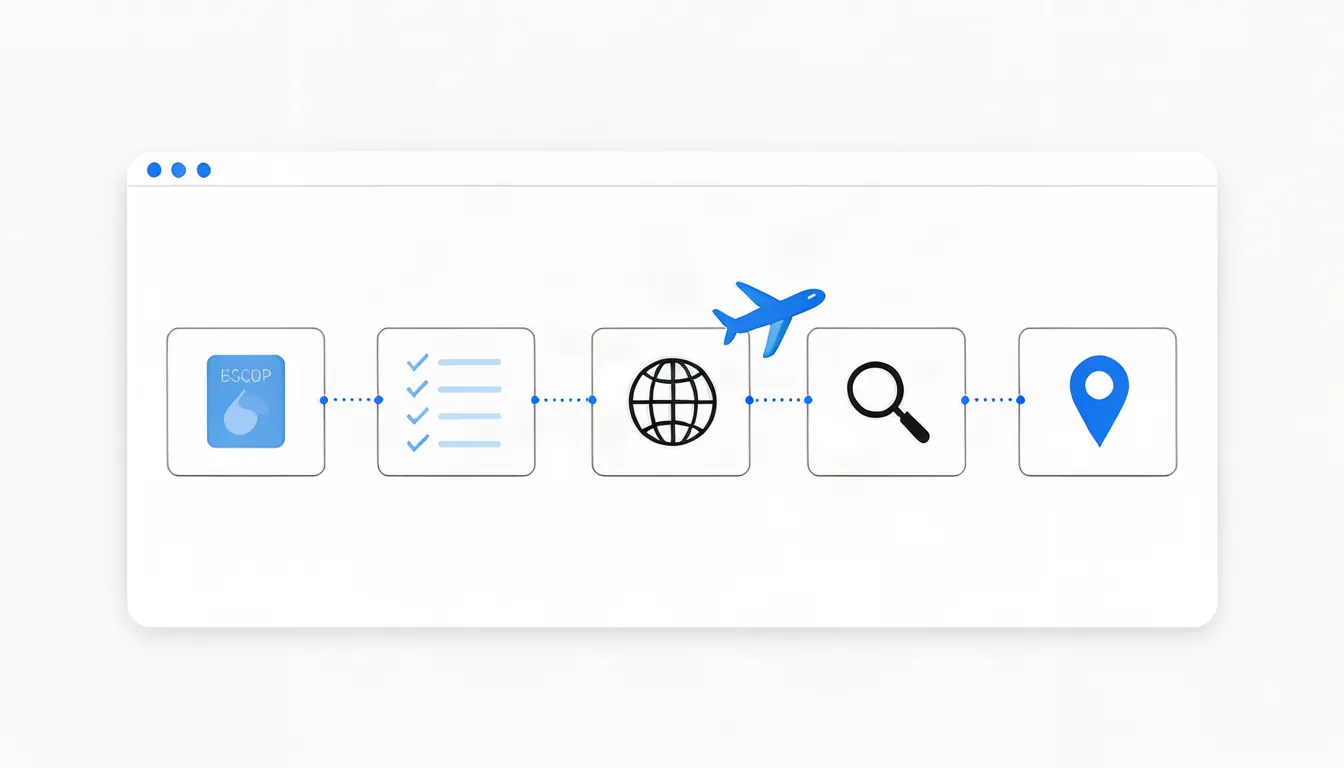 Ilustração de site de assessoria de visto com páginas por etapa do processo e um avião azul