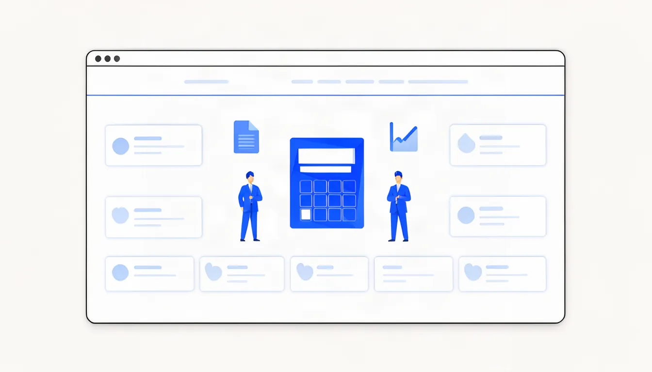 Ilustração de site de contabilidade com páginas de serviços conectadas a uma calculadora azul
