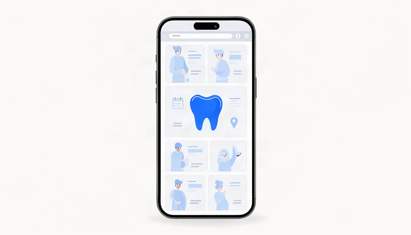 Ilustração de site de clínica odontológica com páginas de tratamentos e um dente azul em destaque