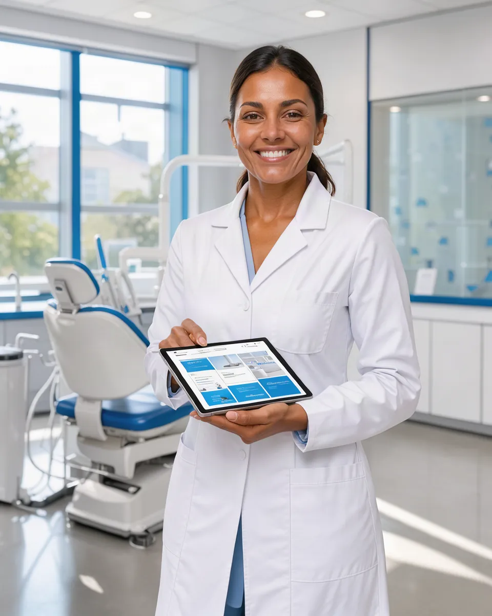 Dentista em consultório claro mostrando o site da clínica em um tablet