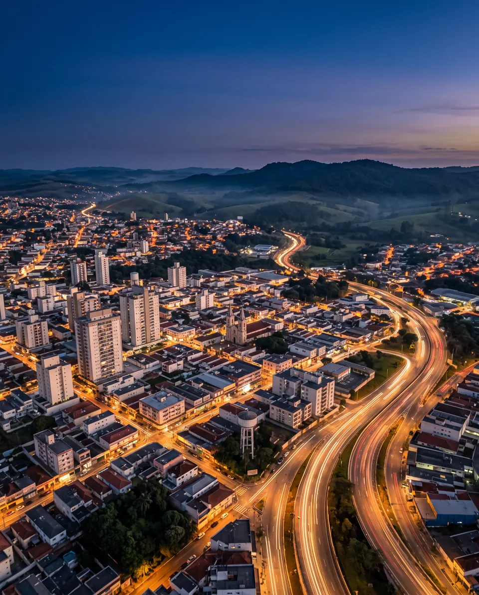 Vista aérea de cidade do interior paulista ao anoitecer