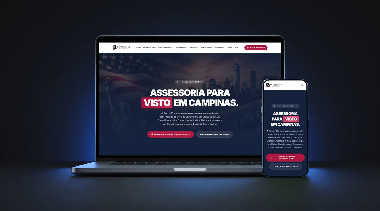 Site Bravo BR Vistos exibido em notebook e celular